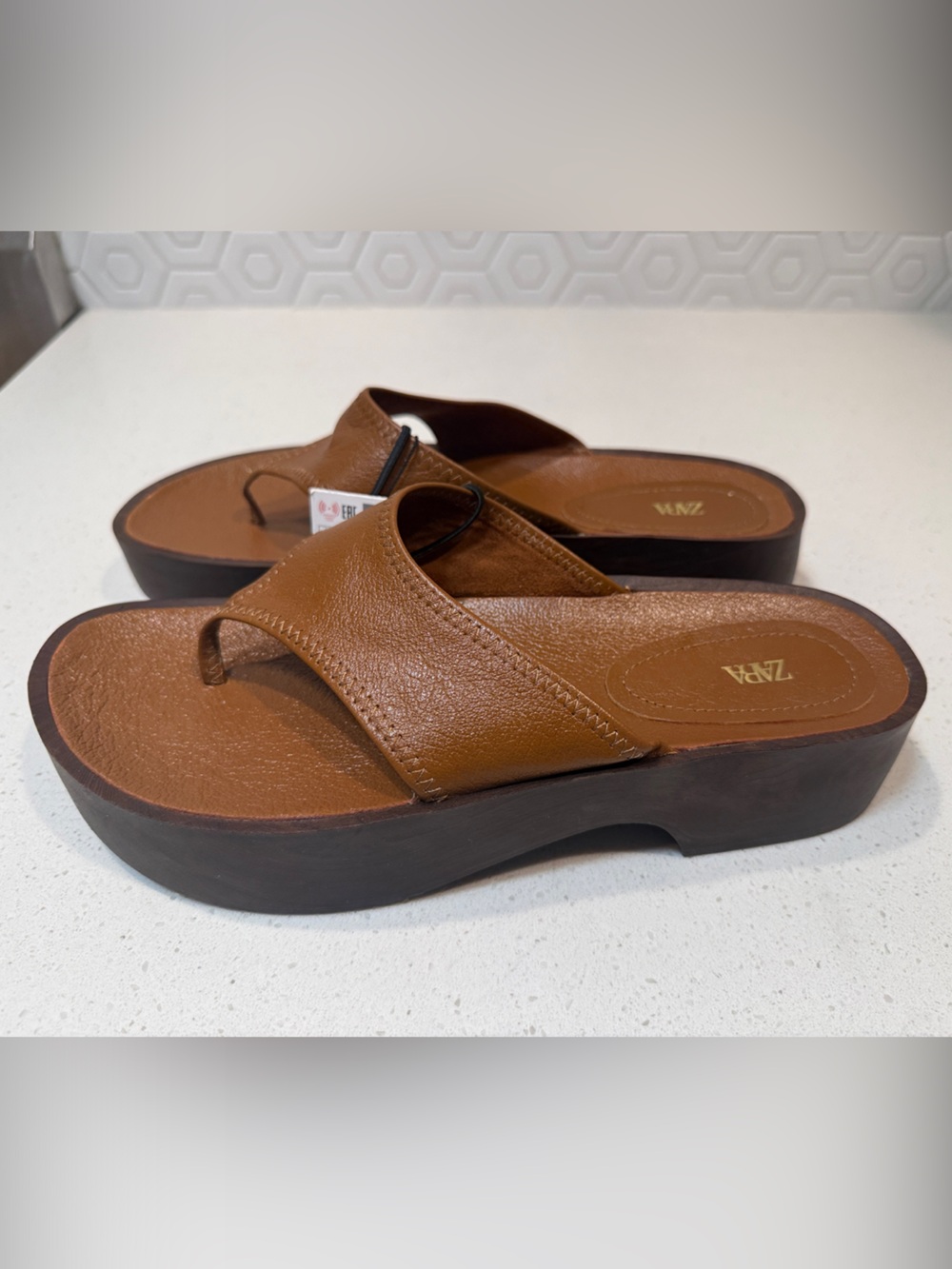 ZARA Brown Leather Platform Thong Sandals